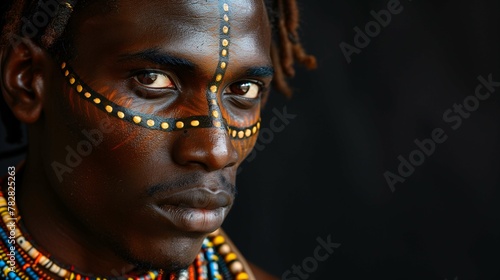 Man with Traditional Tribal Face Paint and Beaded Necklace