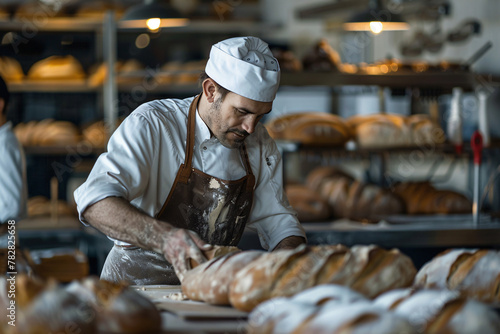 man baker baking bread in bright bakery