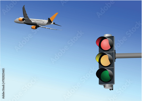 Traffic light on the background of a cloudy sky with plane image. 3d color vector illustration