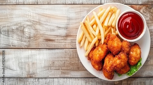 Top view of traditional chicken nuggets and french fries on wooden table with space for text photo