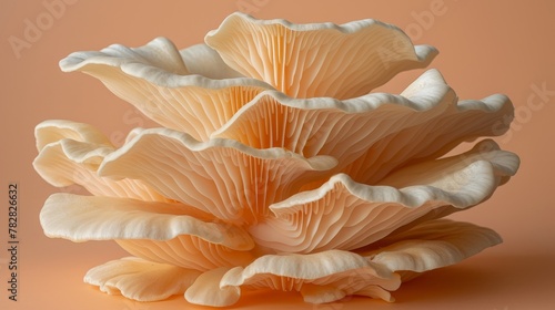 Oyster mushroom pleurotus ostreatus on delicate pastel colored background, nature photography photo