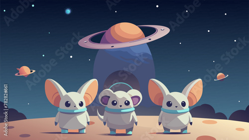 In the desolate expanse of the Milky Way tiny quivering aliens with pastel fur and oversized ears huddled together in fear as a human astronaut