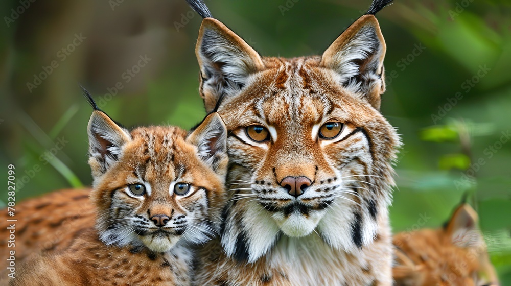 Fototapeta premium Male lynx and lynx cub portrait with spacious area on the left side for adding text