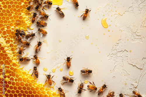 bees, honey and honeycomb, background with copy space