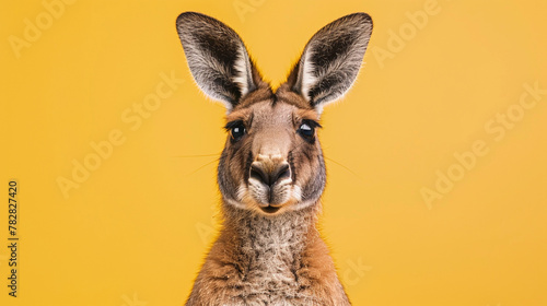 Studio portrait of surprised kangaroo, isolated on yellow background photo