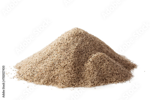 Pile heap of beach sand isolated on background, natural dune desert for decoration, summer dry clean sand with various grain size.