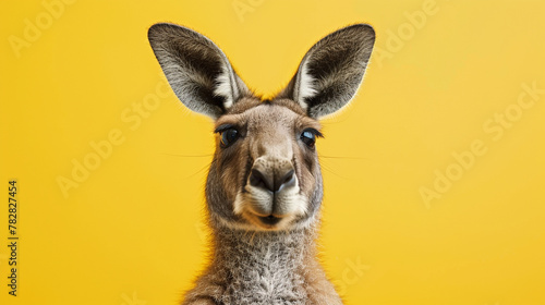 Studio portrait of surprised kangaroo, isolated on yellow background photo