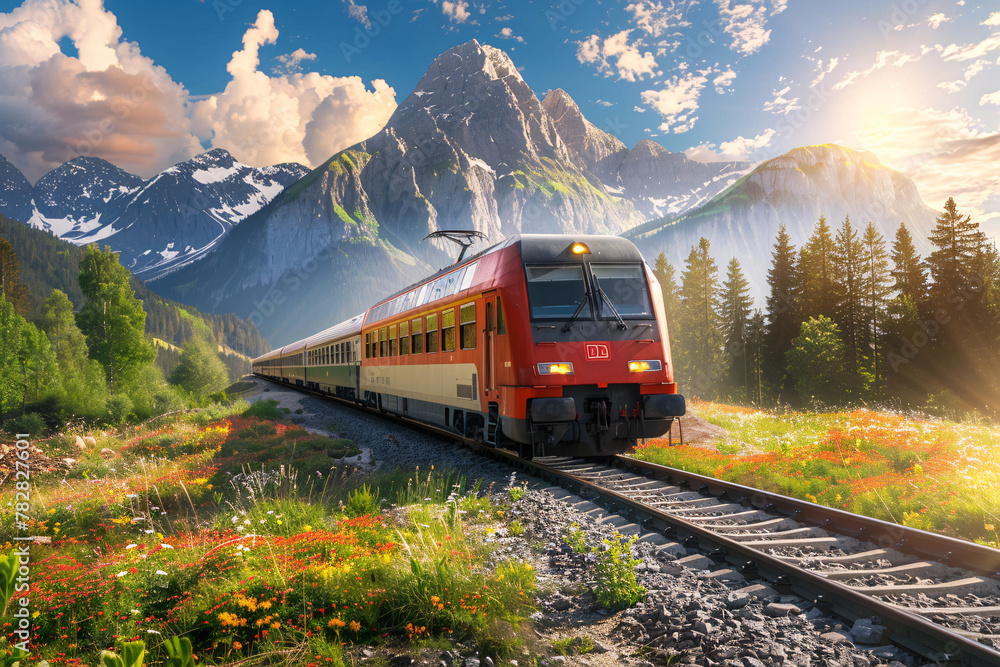 modern red train on the railroad with beautiful sunset mountain view