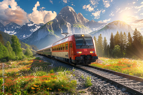 modern red train on the railroad with beautiful sunset mountain view
