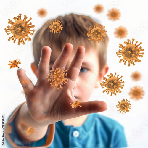 Kids hand holding a virus isolated 