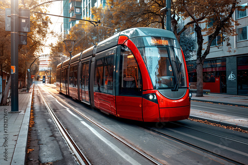 modern red tram on the city street