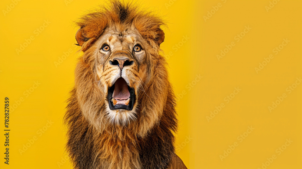 Studio portrait of surprised lion, isolated on yellow background - obrazy, fototapety, plakaty 