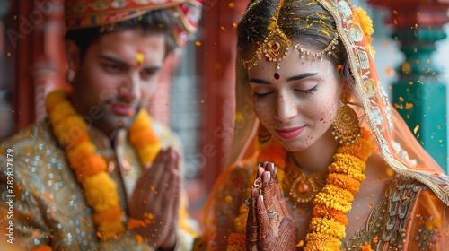 Traditional Indian Bride and Groom in Wedding Attire Performing Rituals