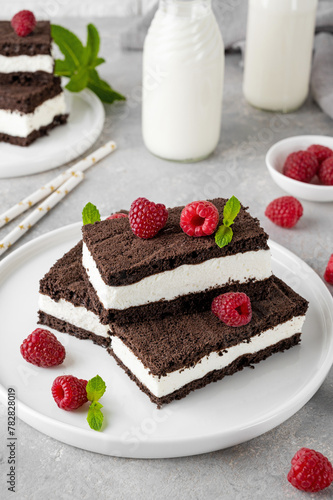 Chocolate cake with milk cream filling on a white plate with fresh raspberries and mint with bottles of milk. Delicious dessert. Copy space.