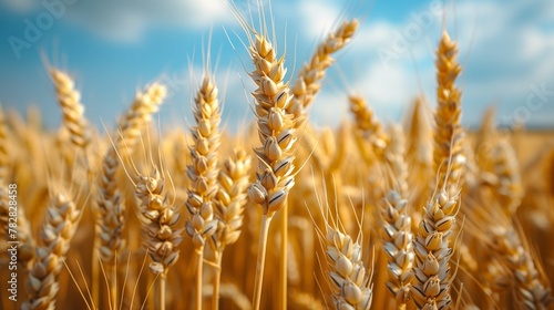 Close-up of Golden Wheat Field Under Blue Sky photo