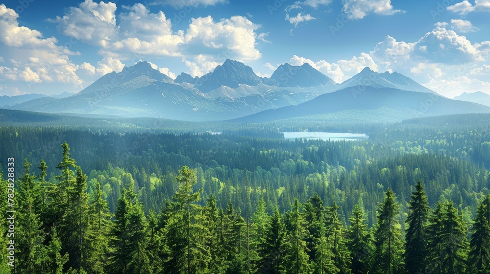 Obraz premium Vibrant early autumn high tatra lake mountain sunrise and pine forest in nature landscape