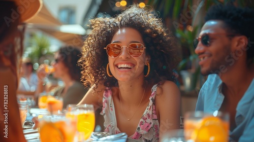 Laughing Woman Enjoying Brunch with Friends Outdoors