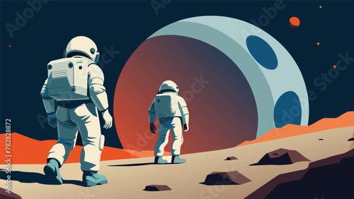 The first illustration shows two astronauts in bulky white spacesuits equipped with large backpacks and helmets. They are standing on the rocky