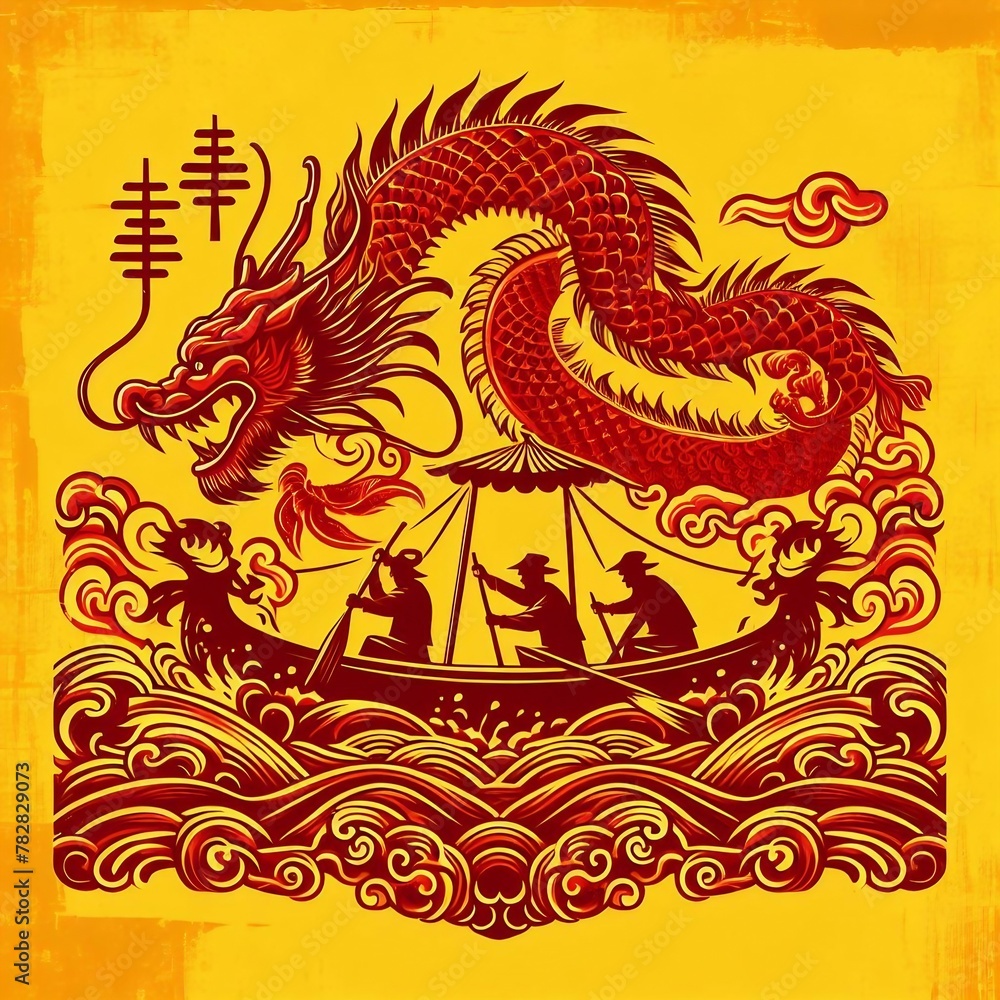 Dragon Boat Festival Celebration: Red Chinese Dragon Boat and Boater on Water Wave Sign, Set Against a Yellow Textured Background (Chinese characters indicate Dragon Boat Festival)