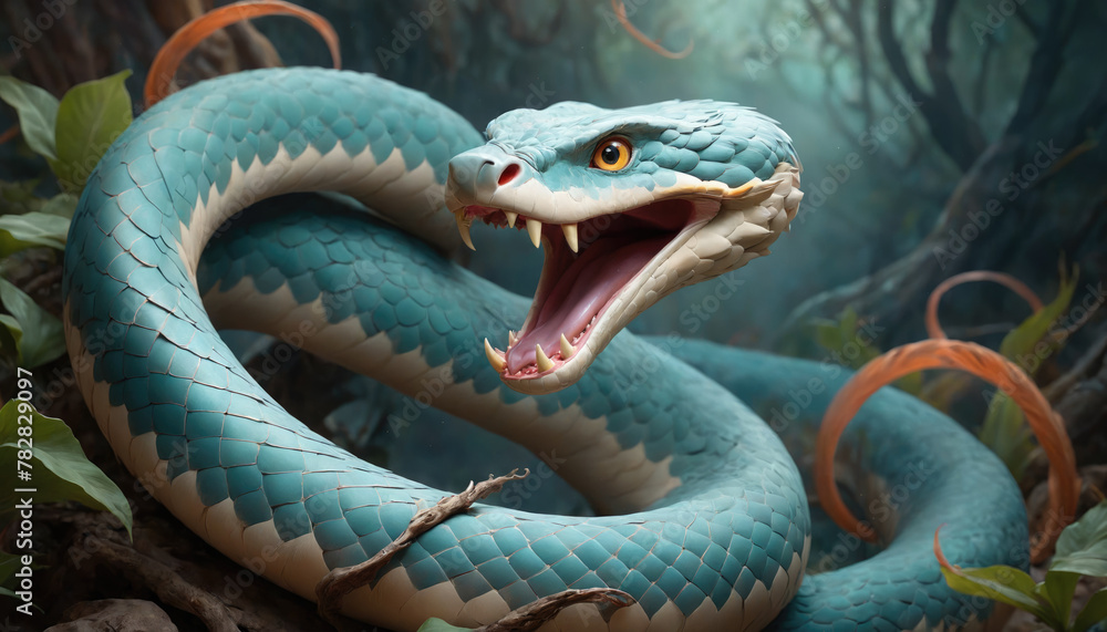 Fantasy Illustration of a wild snake. Digital art style wallpaper background. Fantasy Illustration of a wild snake. Digital art style wallpaper background.