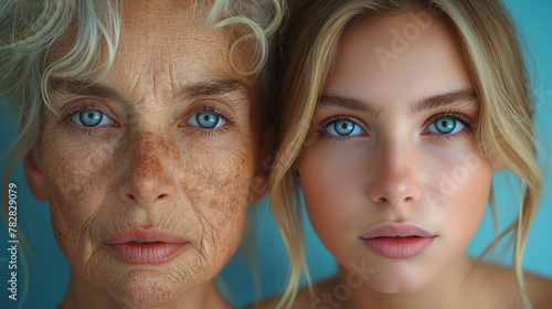 young beautiful girl and an old wrinkled mother. Face of a daughter and elderly mother. Concept of aging and skin care