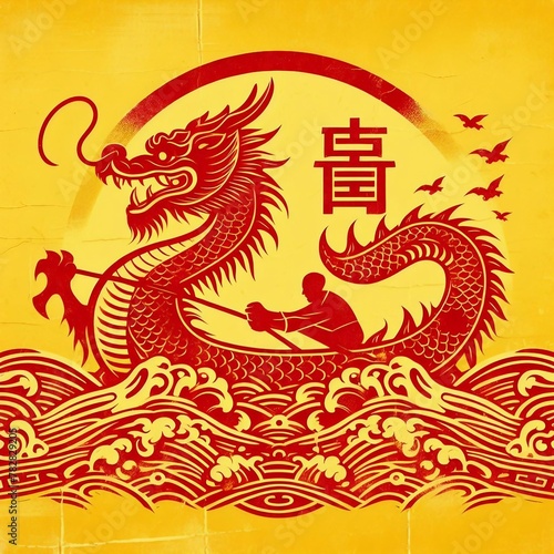 Dragon Boat Festival Celebration  Red Chinese Dragon Boat and Boater on Water Wave Sign  Set Against a Yellow Textured Background  Chinese characters indicate Dragon Boat Festival 