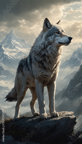 Fantasy Illustration of a wild animal wolf. Digital art style wallpaper background. © Roman