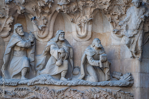 The exterior facade of the Sagrada Familia, in Barcelona, Spain. © Zimu