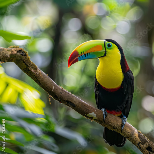 Keel-billed toucan, a bird with a large beak. it was sitting on a tree branch in the forest