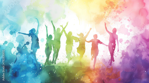 Silhouettes Celebrating, Watercolor Splashes, Vibrant Party Background