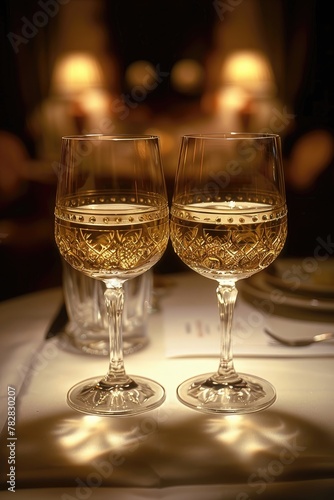 Two wine glasses on a table with a white tablecloth
