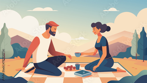 A couple sitting on a picnic blanket laughing and enjoying each others company as they play a game of Jenga on a sunny afternoon.