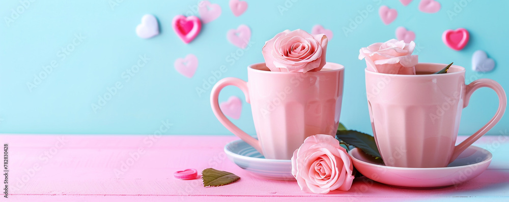 Two coffee mugs with roses and hearts on a pastel colored background Two coffee mugs with roses and hearts on a pastel colored background