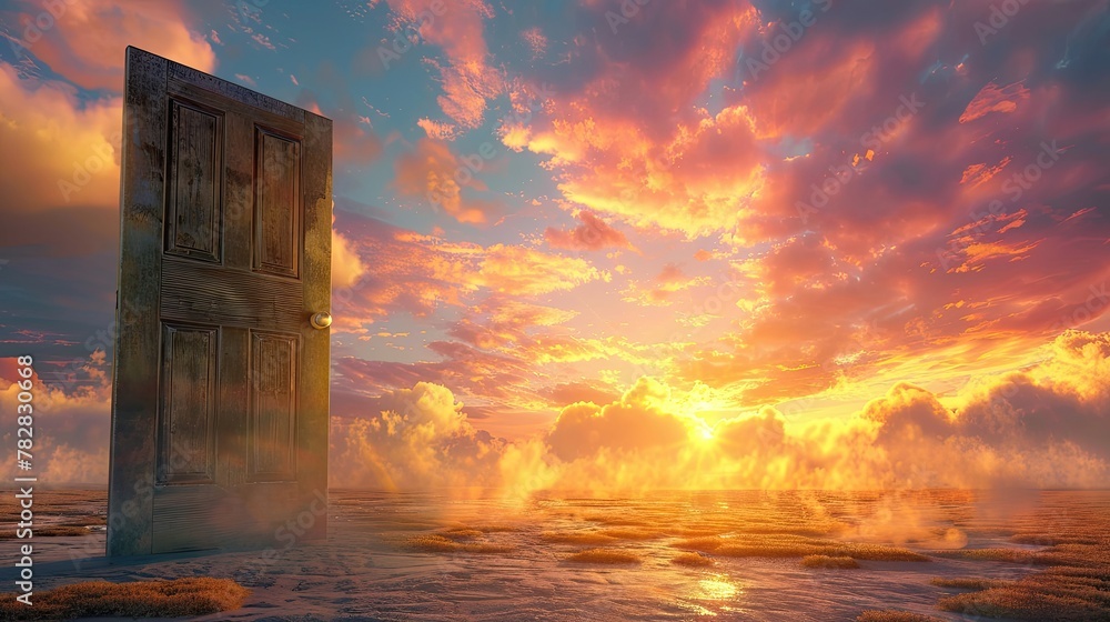 A door is shown in front of a beautiful sunset