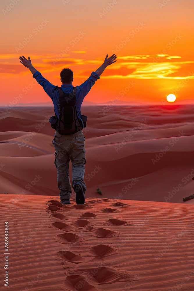 Fototapeta premium A man is walking on a sandy beach with his arms raised in the air