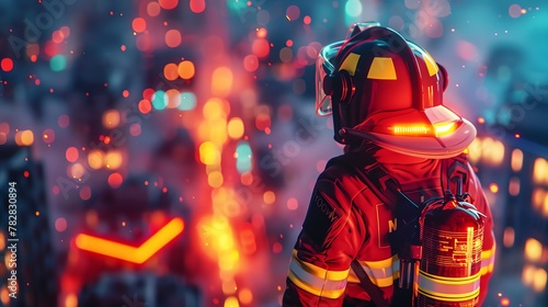 A firefighter battling flames in a neon-lit city, dynamic animation lighting highlights heroism © nuengneng