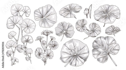 Hand-drawn monochrome illustration set featuring Centella asiatica flower leaf, perfect for graphic labels, stickers, menus, and packaging with an engraved look. © ckybe