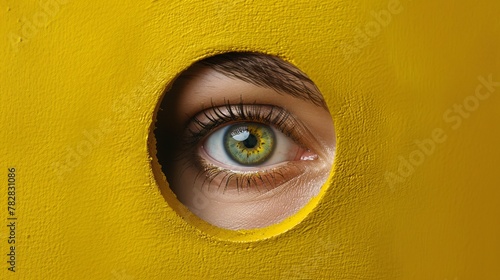Mysterious discovery. Woman's gaze fixed on keyhole against yellow backdrop. Modern mixed media. Idea of originality, innovation and motivation.
