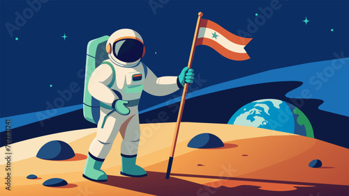 With the Earth visible in the background a lone astronaut takes a moment to plant a flag in the soft lunar soil marking this historic
