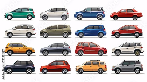 Contemporary range of compact and versatile vehicles, including hatchbacks, sedans, and SUVs, represented by individual icons on a white background. © ckybe