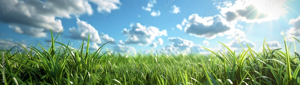 3D pristine grass, low angle view, wideangle lens, rendered with Unreal  Octane, copy space