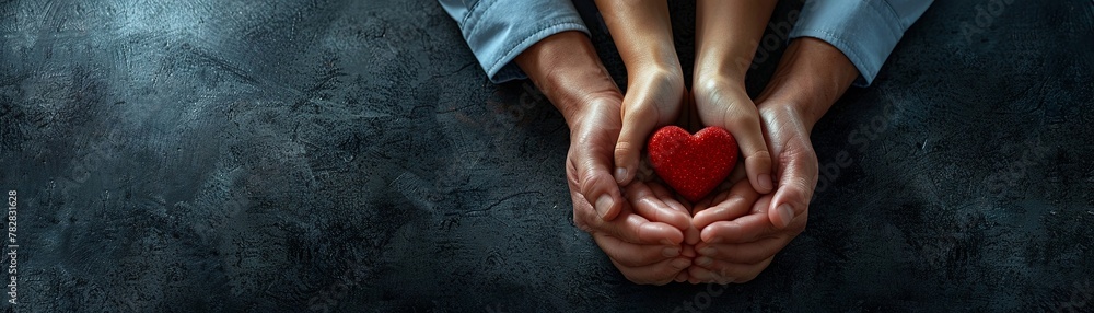Aerial view of hands around family model, emphasizing the concept of insurance, with space for text Aerial view of hands around family model, emphasizing the concept of insurance, with space for text
