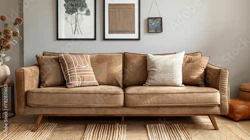 Brown couch, pastel neutral decorative cushions, cozy stylish living room, space for copy photo