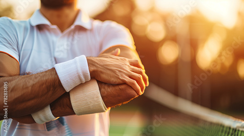 tennis elbow, the tennis player's hand holds an elbow that is inflamed from injury. Sports sprains.