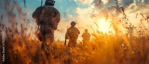 Grass low angle, military special forces from behind in conflict area, copy space
