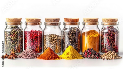 A collection of colorful spices, arranged in jars and ready to add depth and flavor to your culinary creations. Isolated on pure white background.