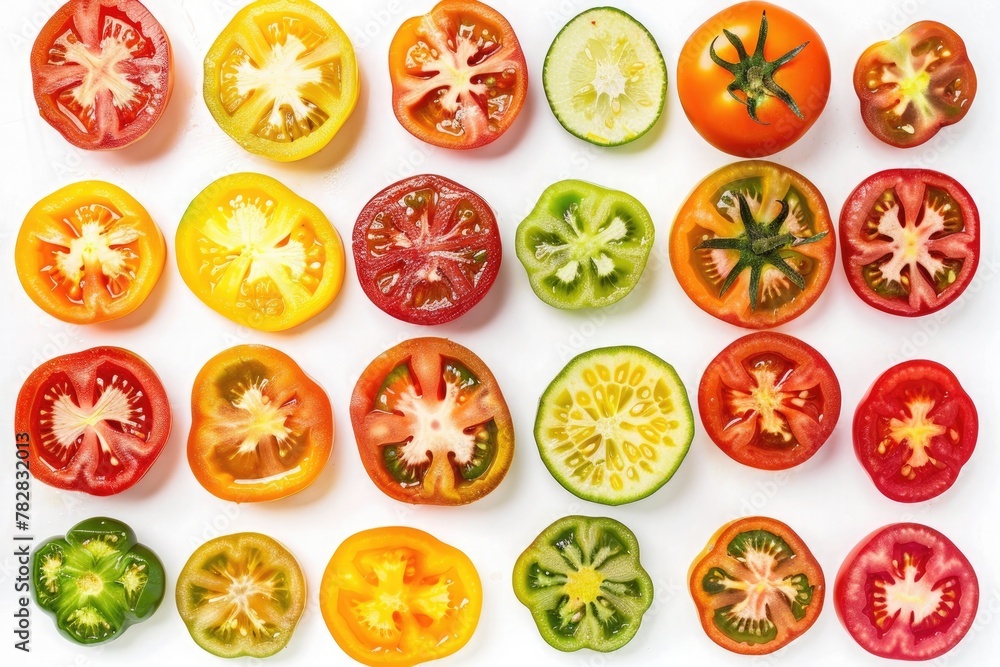 A collection of colorful heirloom tomatoes, sliced and arranged in a visually appealing pattern on a white background.