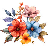 Beautiful bouquet of flowers and leaves in watercolour style isolated on transparent background.