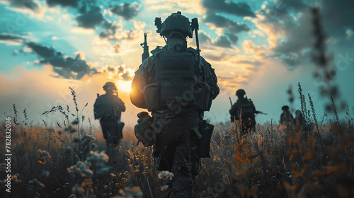 Special forces soldiers from behind in warzone, low angle grass shot, copy space
