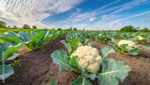 cauliflower - Brassica oleracea - white head is composed of a white inflorescence meristem edible curd with green leaves growing in nutrient rich dirt, earth or soil side view with row space, blue sky